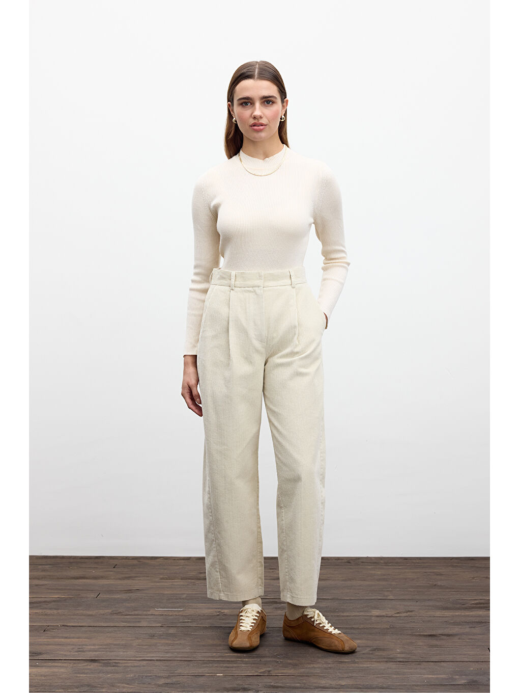 Bej Fitilli Kadife Baggy Pantolon Vanilya