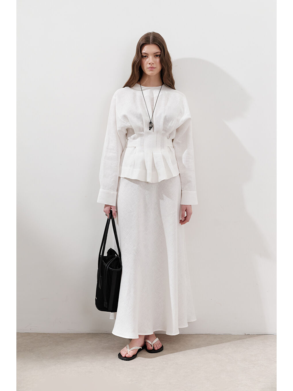 Keten Kruvaze Bağlamalı Bluz Ekru-6