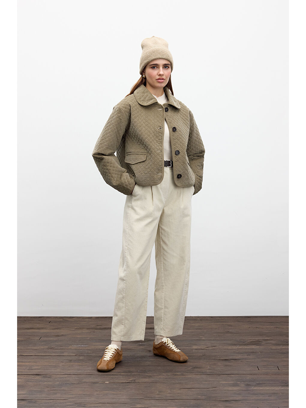 Bej Fitilli Kadife Baggy Pantolon Vanilya-1