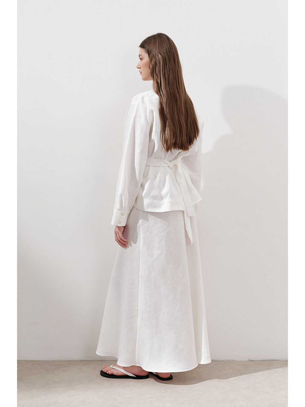 Keten Kruvaze Bağlamalı Bluz Ekru-7