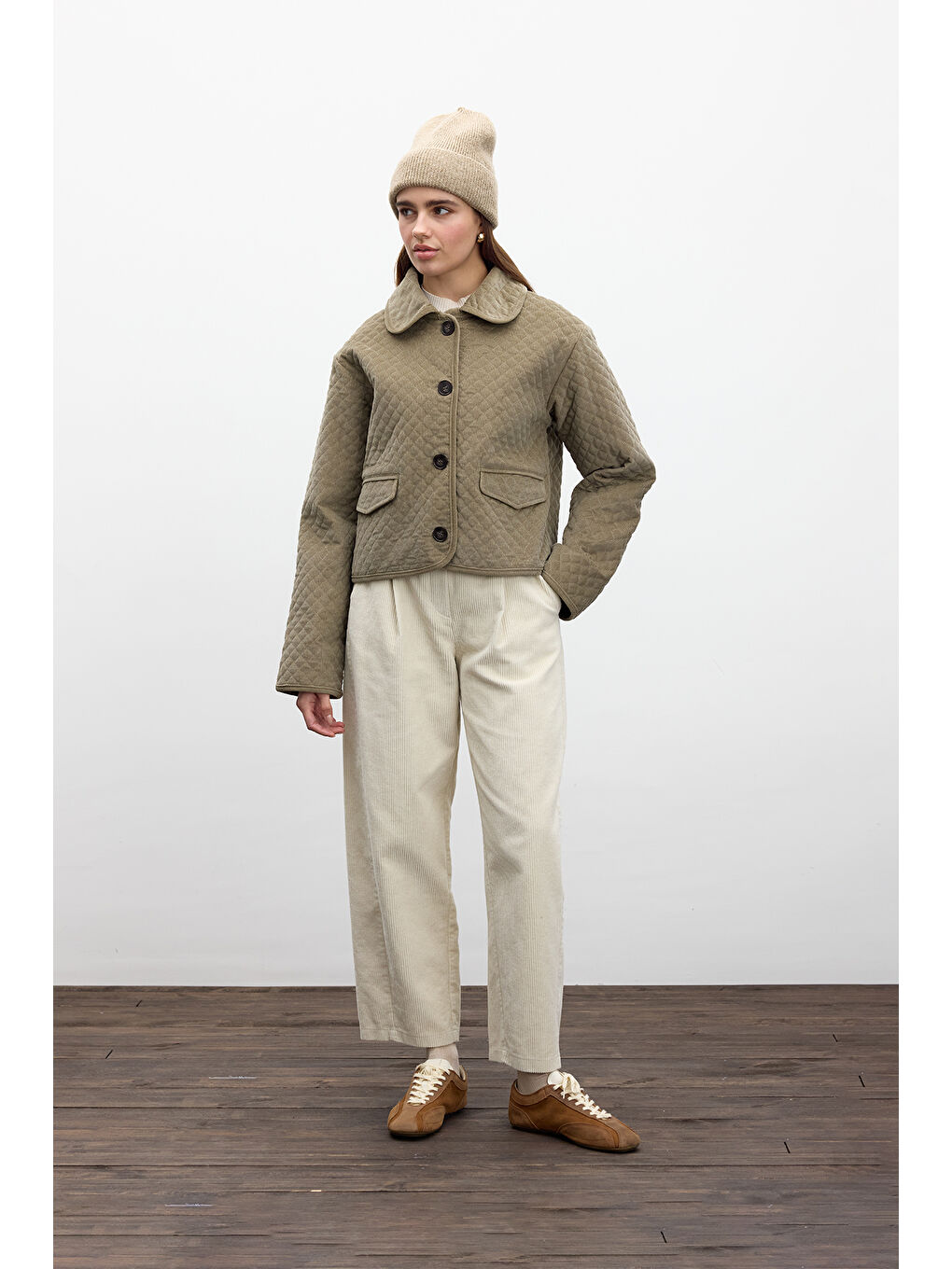 Bej Fitilli Kadife Baggy Pantolon Vanilya-2