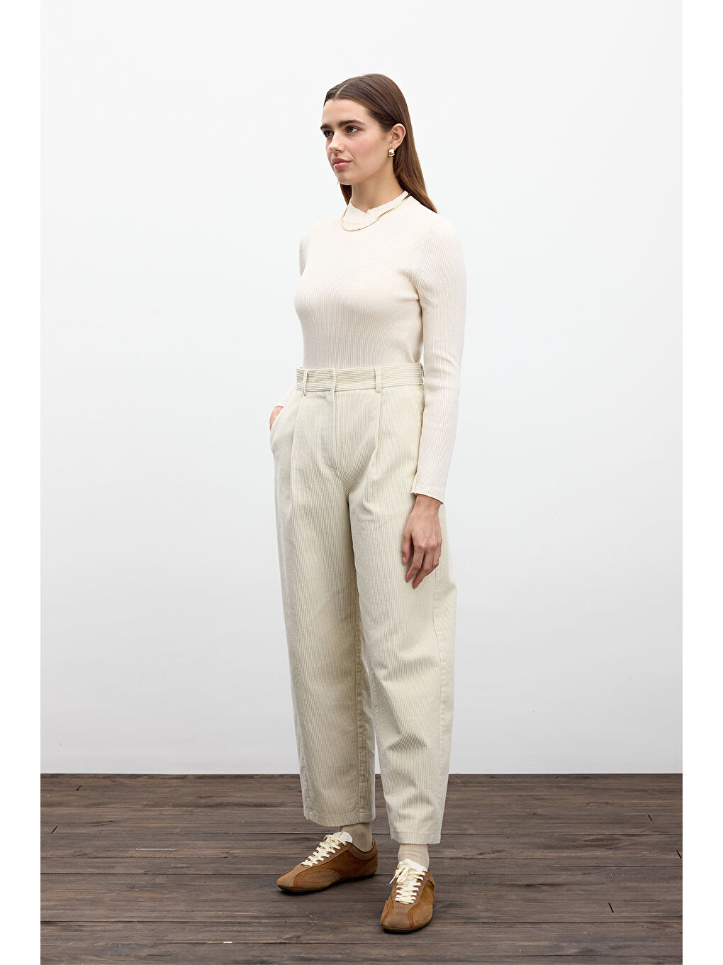 Bej Fitilli Kadife Baggy Pantolon Vanilya-3