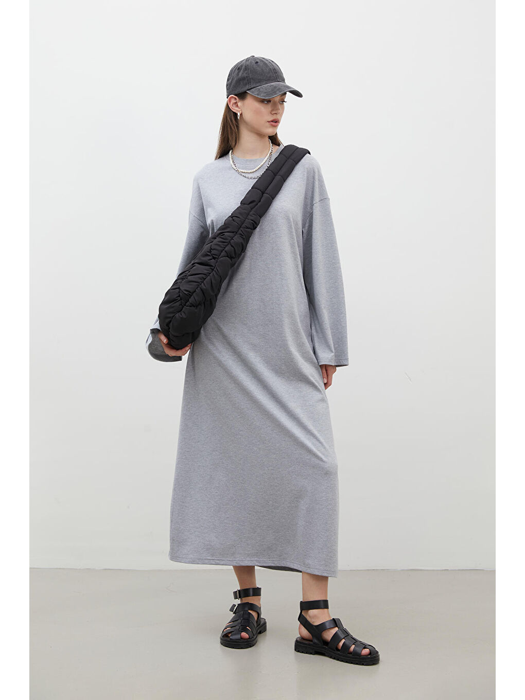 Gri Oversize Pamuklu Elbise Grı-Melanj-1