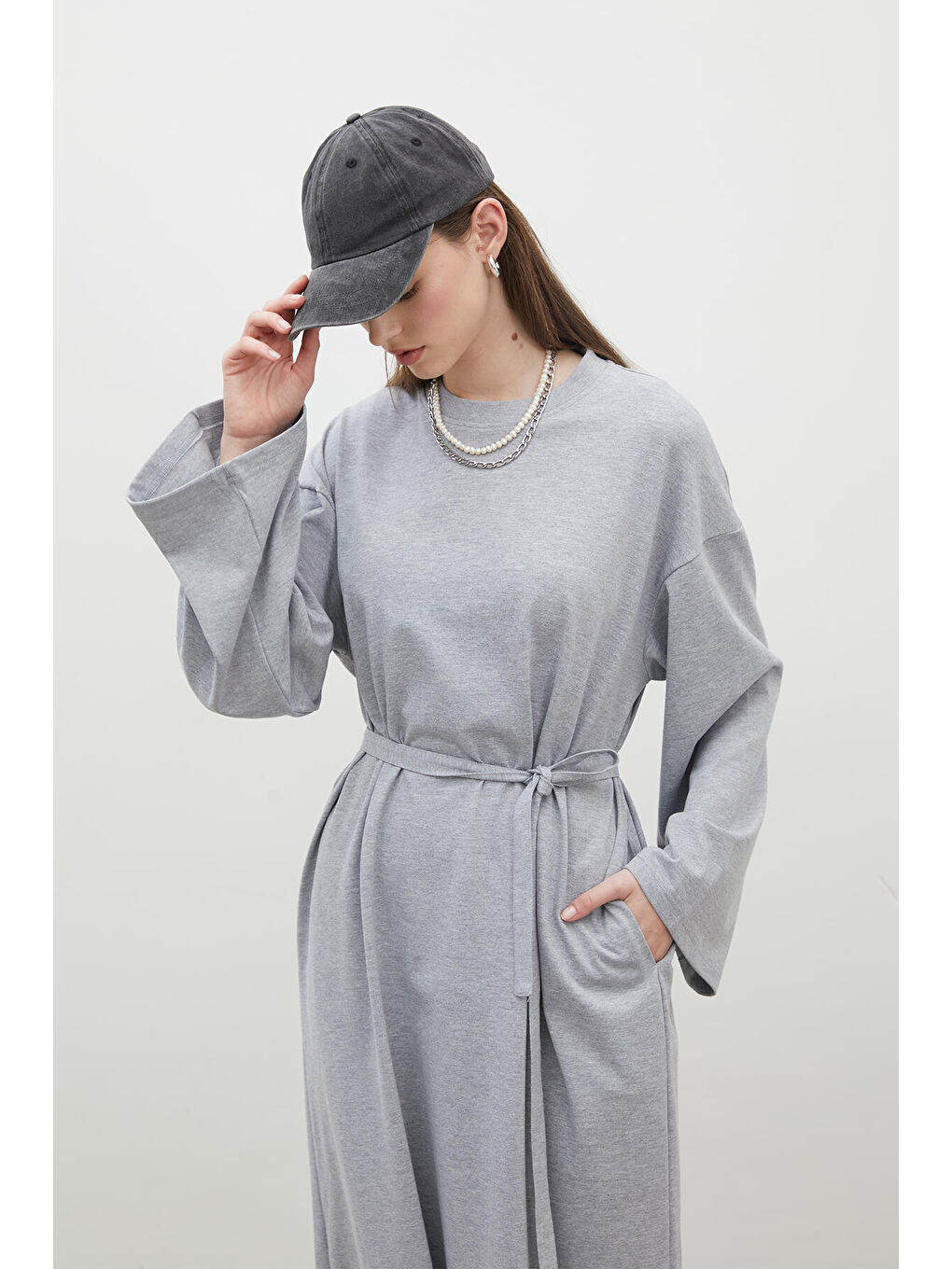 Gri Oversize Pamuklu Elbise Grı-Melanj-2