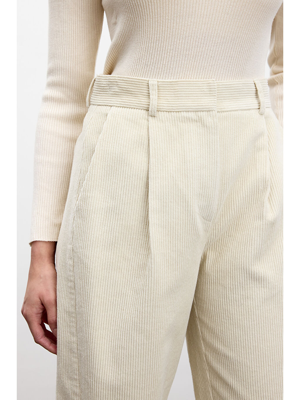 Bej Fitilli Kadife Baggy Pantolon Vanilya-4