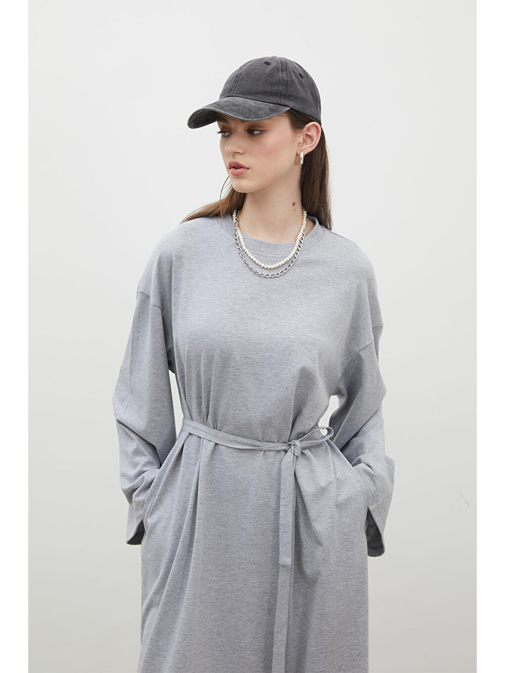 Gri Oversize Pamuklu Elbise Grı-Melanj-3
