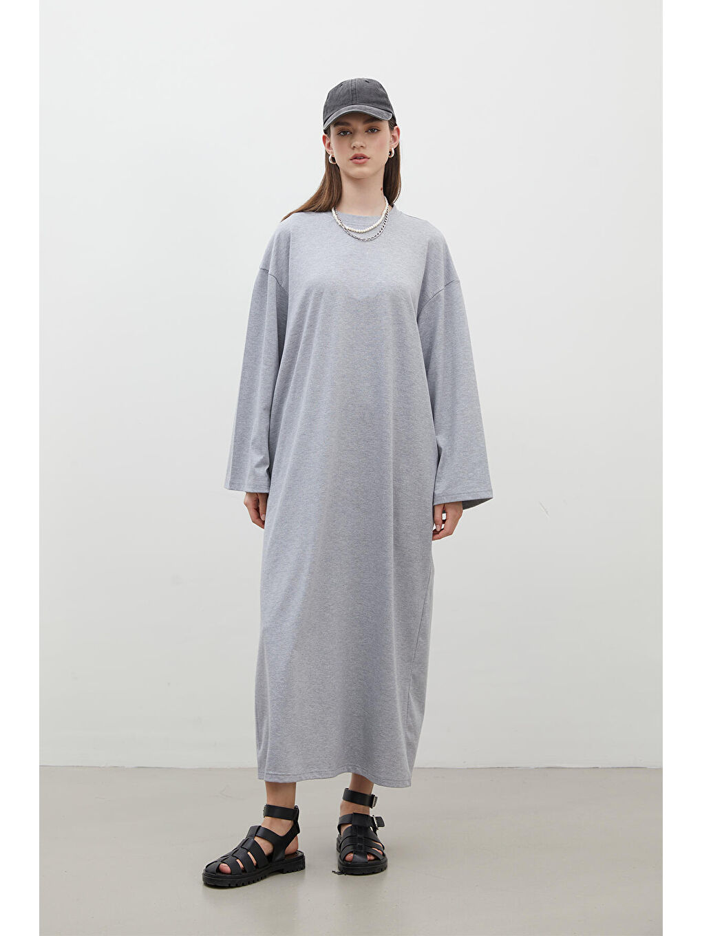Gri Oversize Pamuklu Elbise Grı-Melanj-4