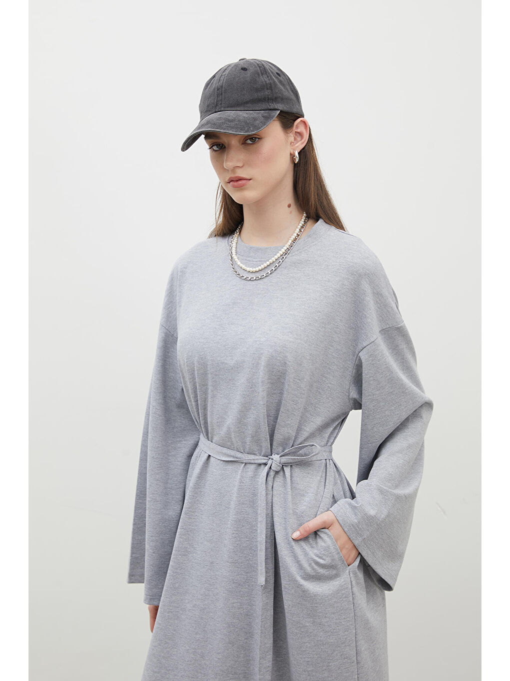 Gri Oversize Pamuklu Elbise Grı-Melanj-5