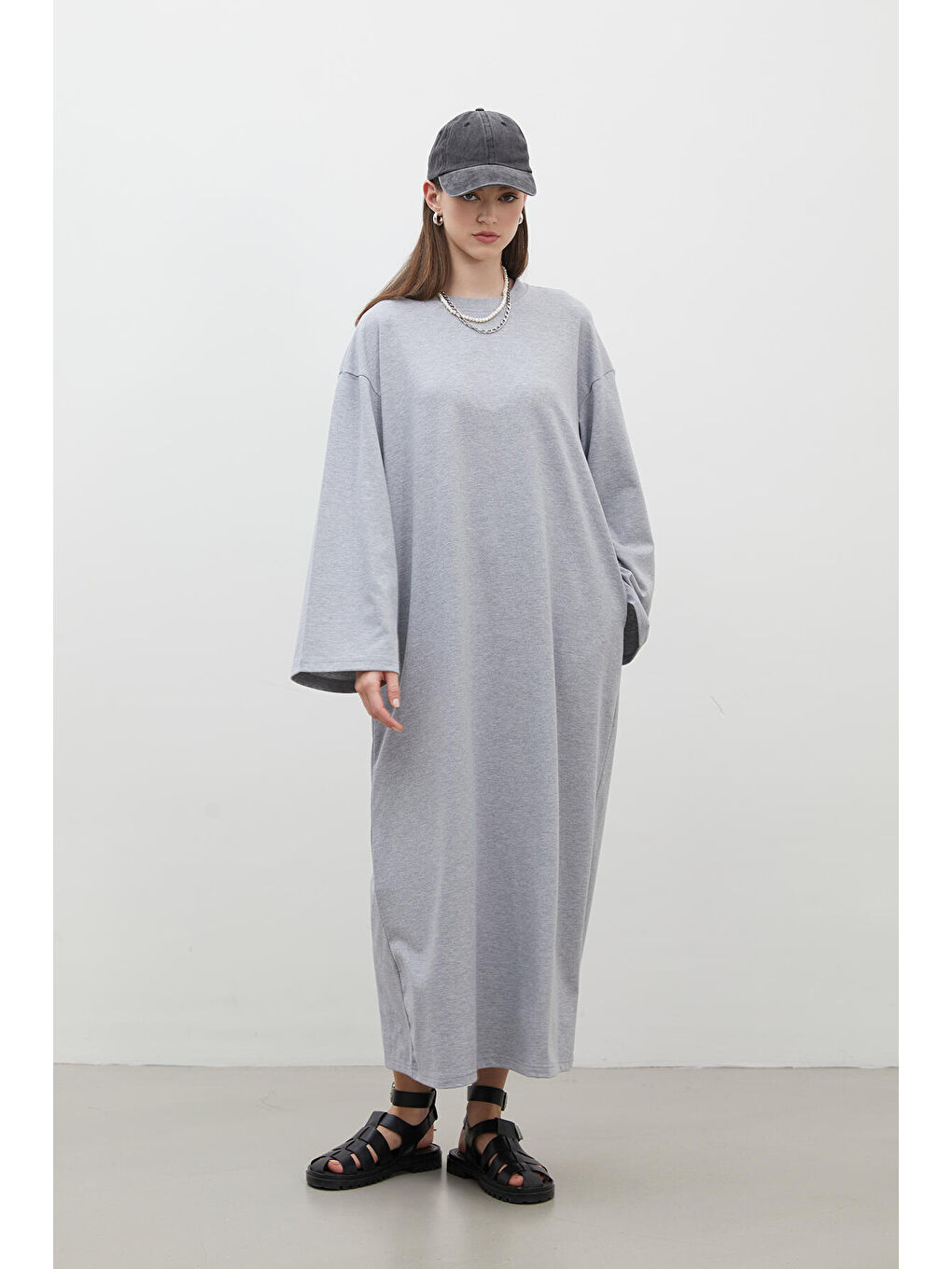 Gri Oversize Pamuklu Elbise Grı-Melanj-6