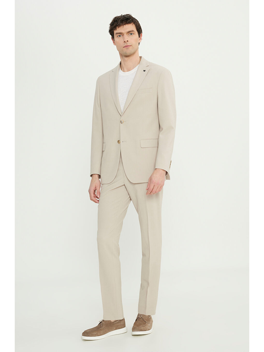 Erkek Bej Slim Fit Dar Kesim Mono Yaka Gofre Desenli Kapak Cepli Esnek Takım Elbise