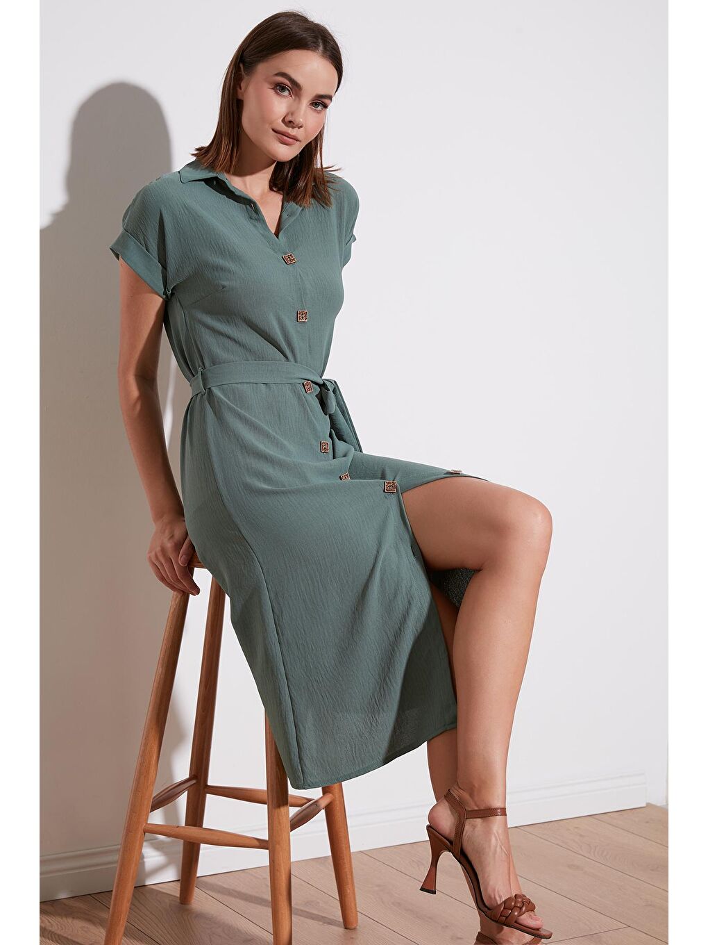 Yeşil Gömlek Yaka Belden Bağlamalı Düğmeli Elbise 6235243-1