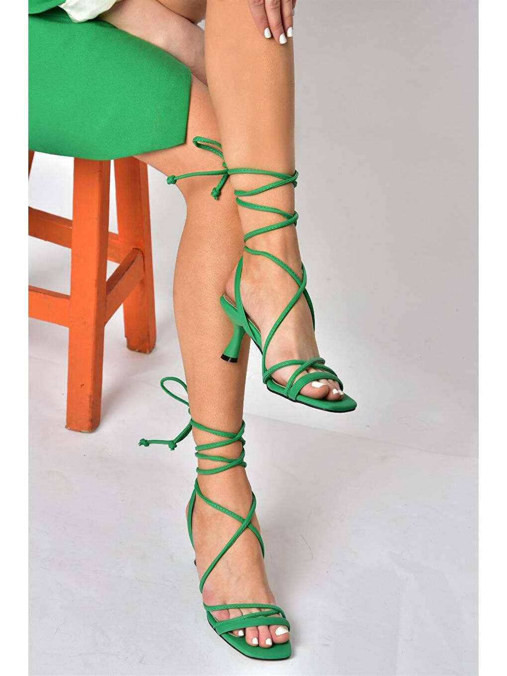 P404202309 Yeşil Bilek Bağlamalı Kadın Topuklu Ayakkabı-2