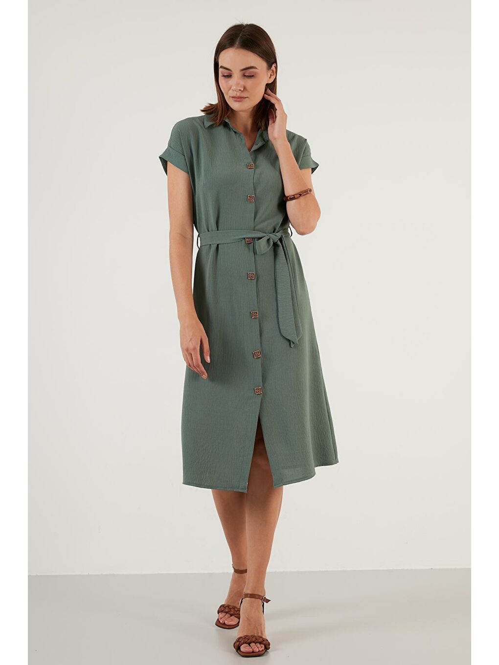 Yeşil Gömlek Yaka Belden Bağlamalı Düğmeli Elbise 6235243-2
