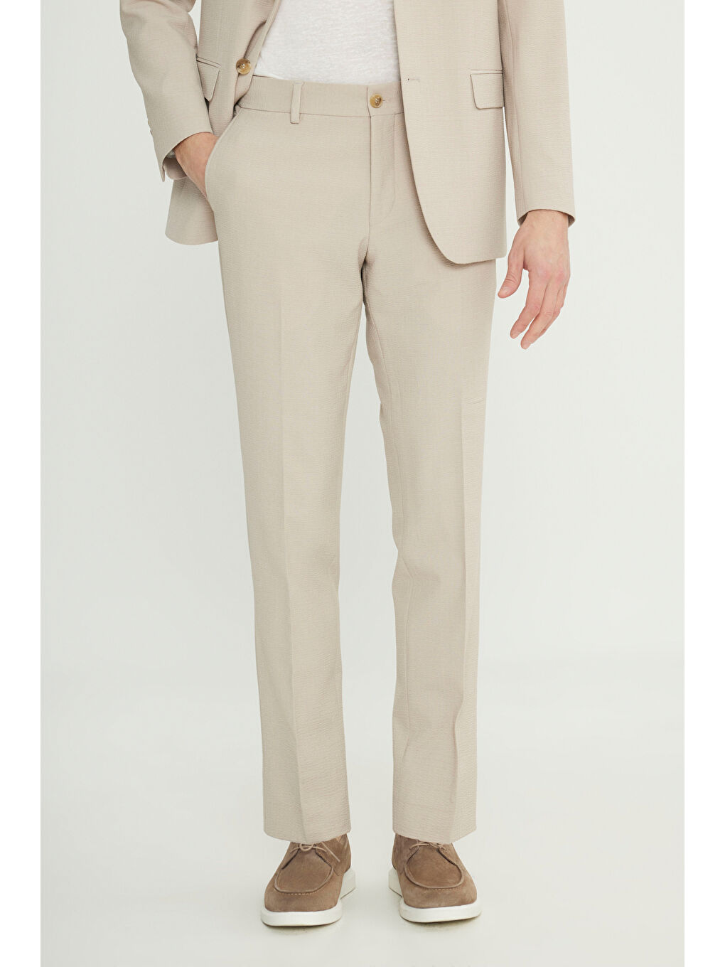 Erkek Bej Slim Fit Dar Kesim Mono Yaka Gofre Desenli Kapak Cepli Esnek Takım Elbise-6