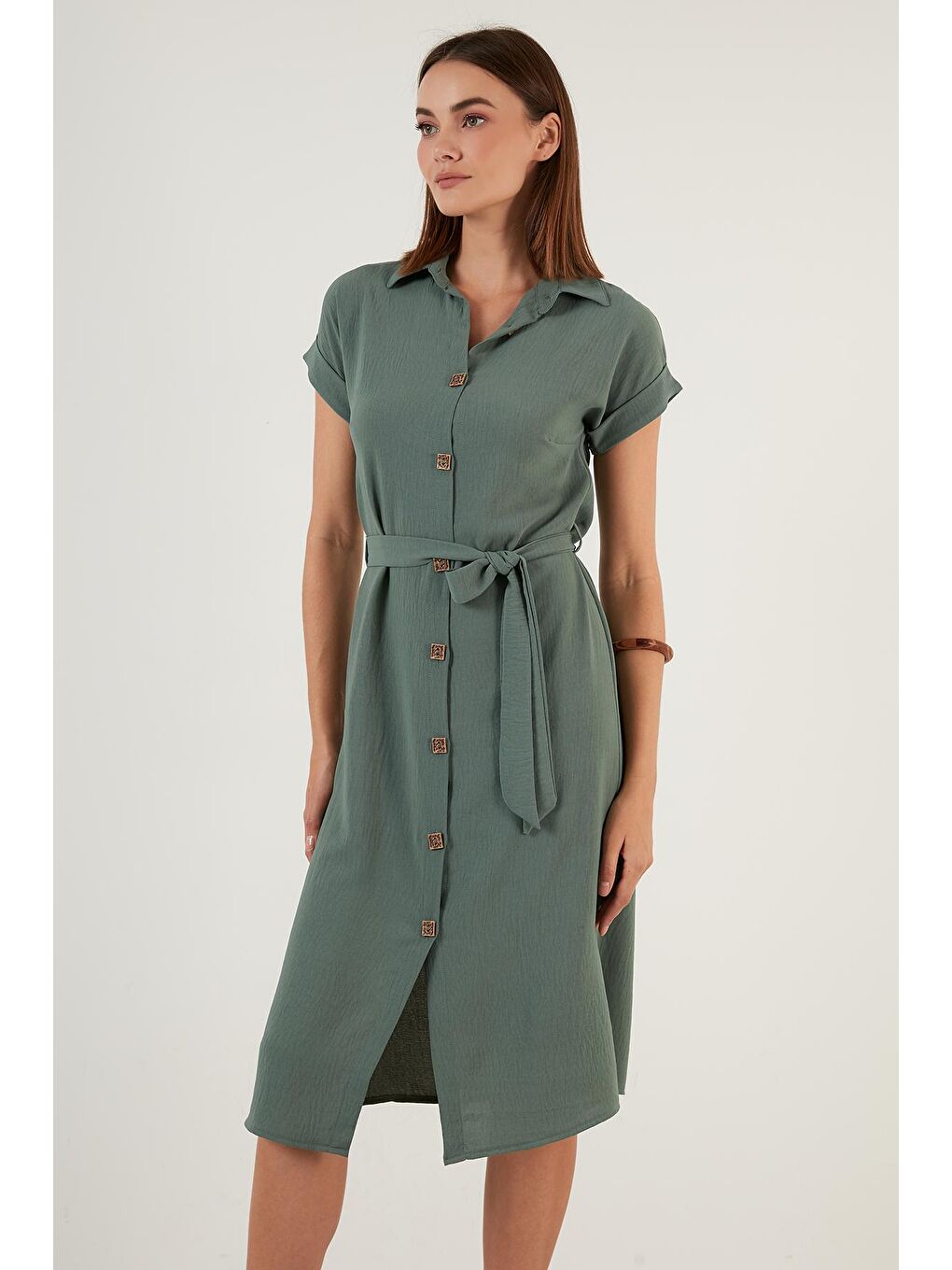 Yeşil Gömlek Yaka Belden Bağlamalı Düğmeli Elbise 6235243-3