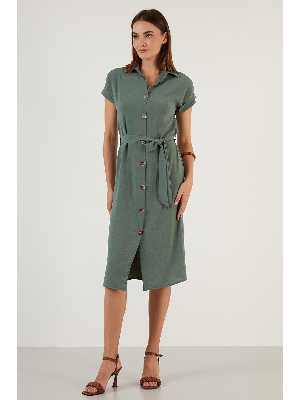 Yeşil Gömlek Yaka Belden Bağlamalı Düğmeli Elbise 6235243-4