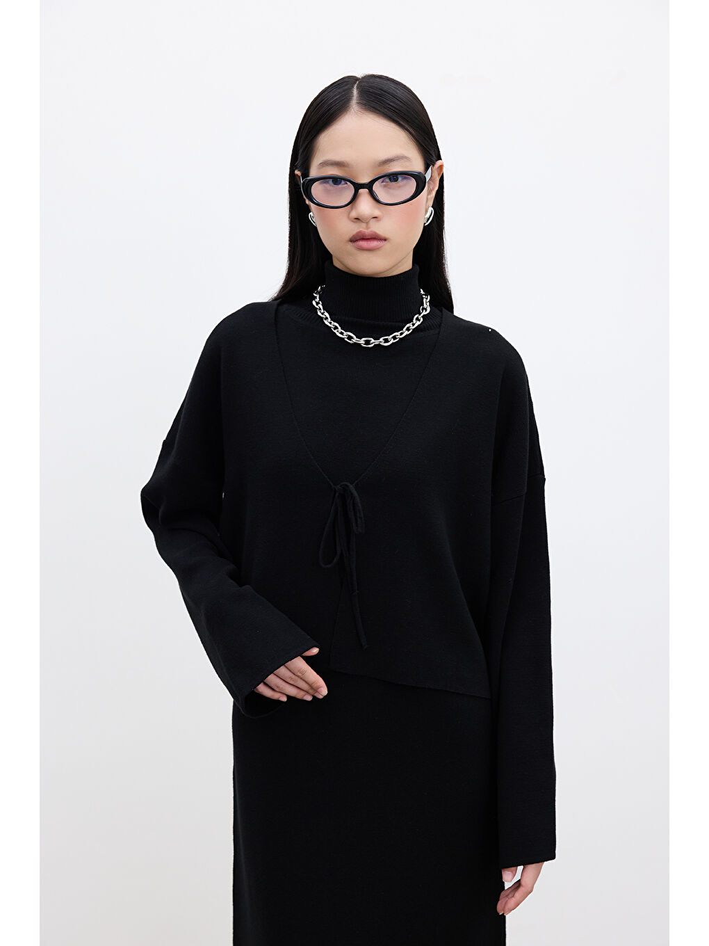 Bağcıklı Triko Hırka Siyah-2