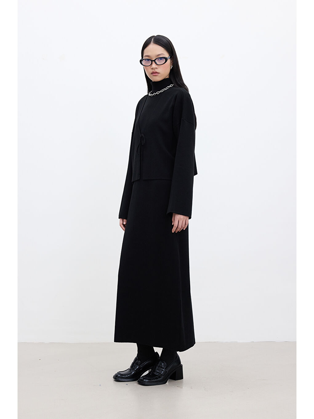 Bağcıklı Triko Hırka Siyah-4