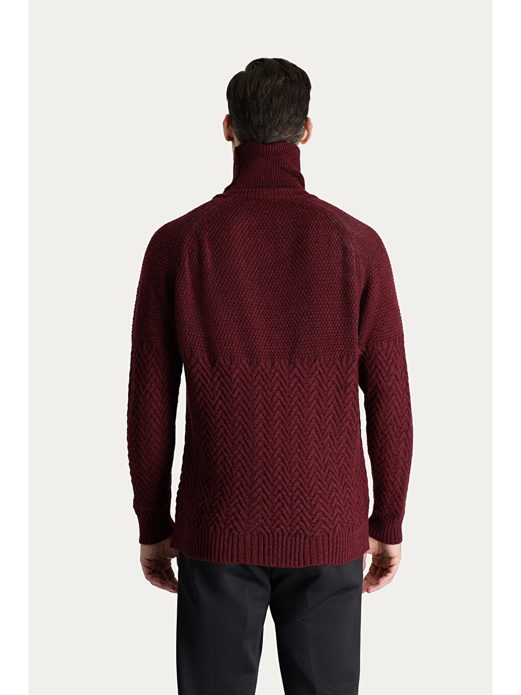 Bordo Balıkçı Yaka Slim Fit Dar Kesim Desenli Yünlü Triko Kazak-3