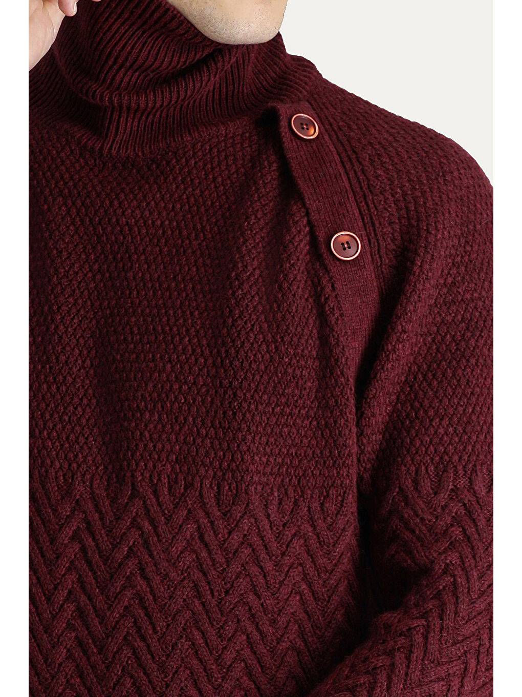 Bordo Balıkçı Yaka Slim Fit Dar Kesim Desenli Yünlü Triko Kazak-4