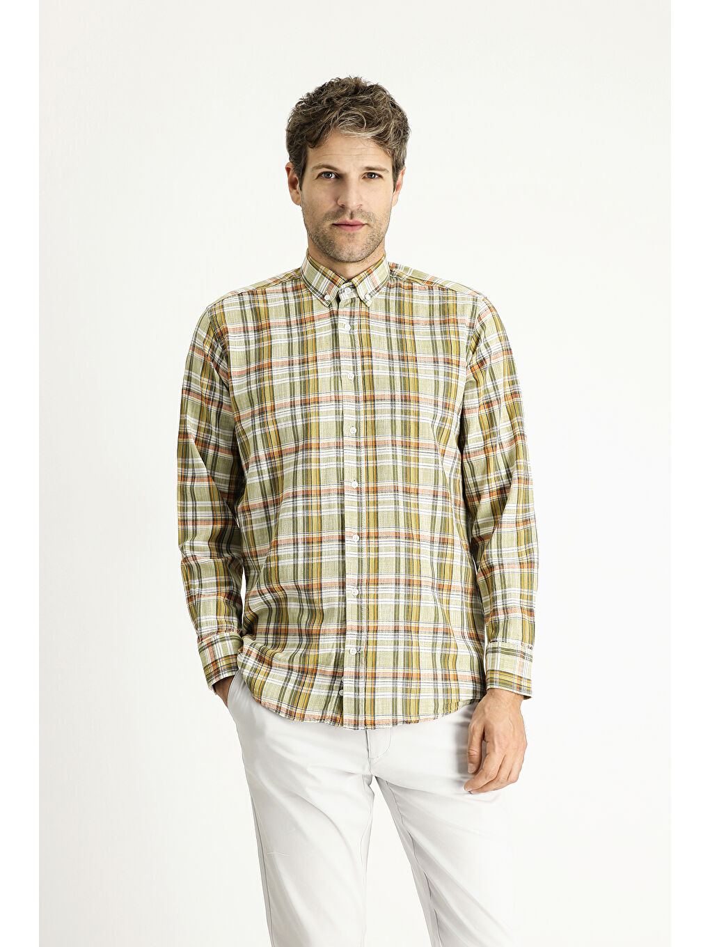 Haki Uzun Kol Regular Fit Ekose Spor Pamuk %100 Pamuk Gömlek-2