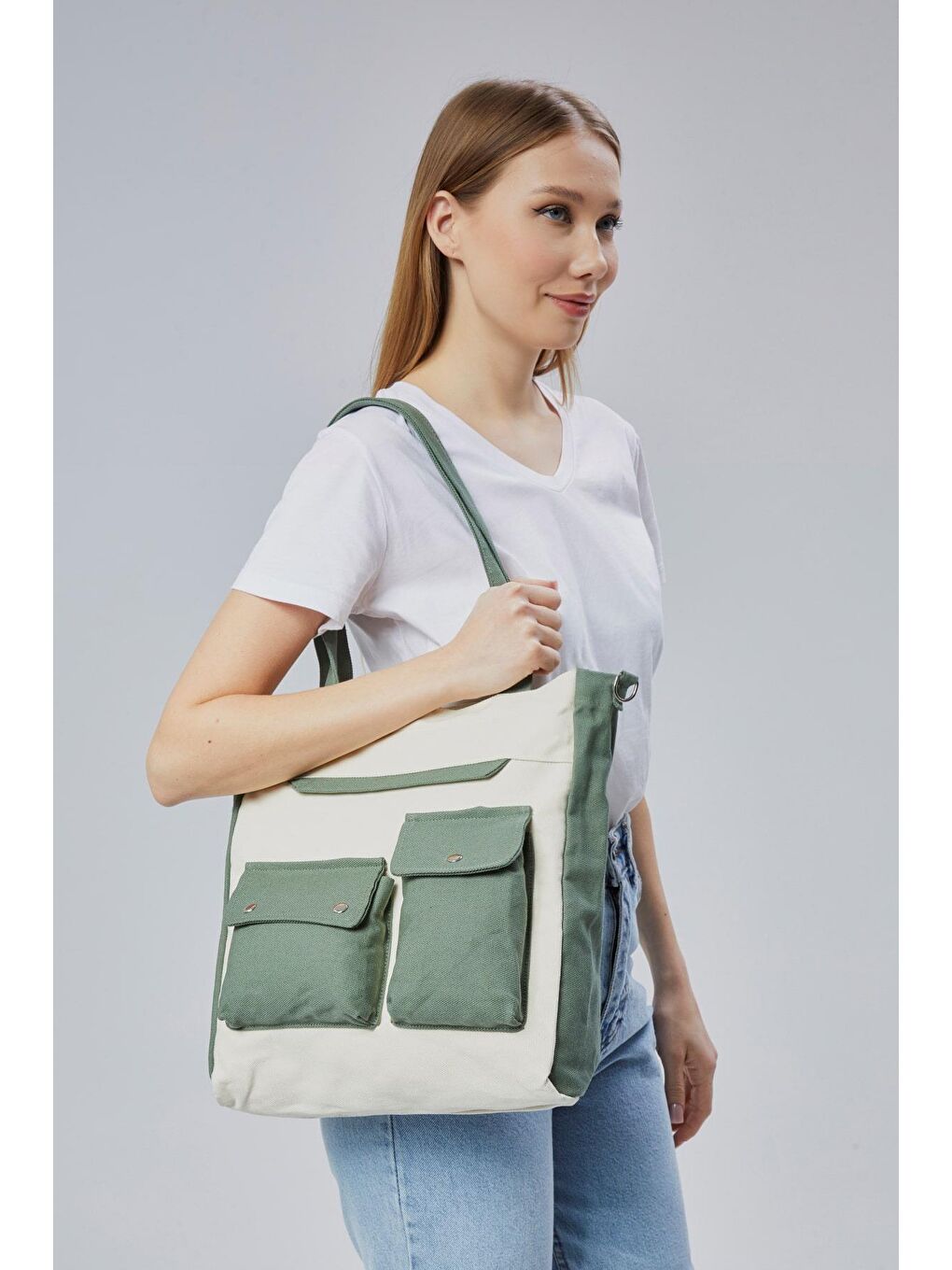 Kanvas Ön Cepleri Çıtlı Çanta (Mint Yeşili-Ekru)-7