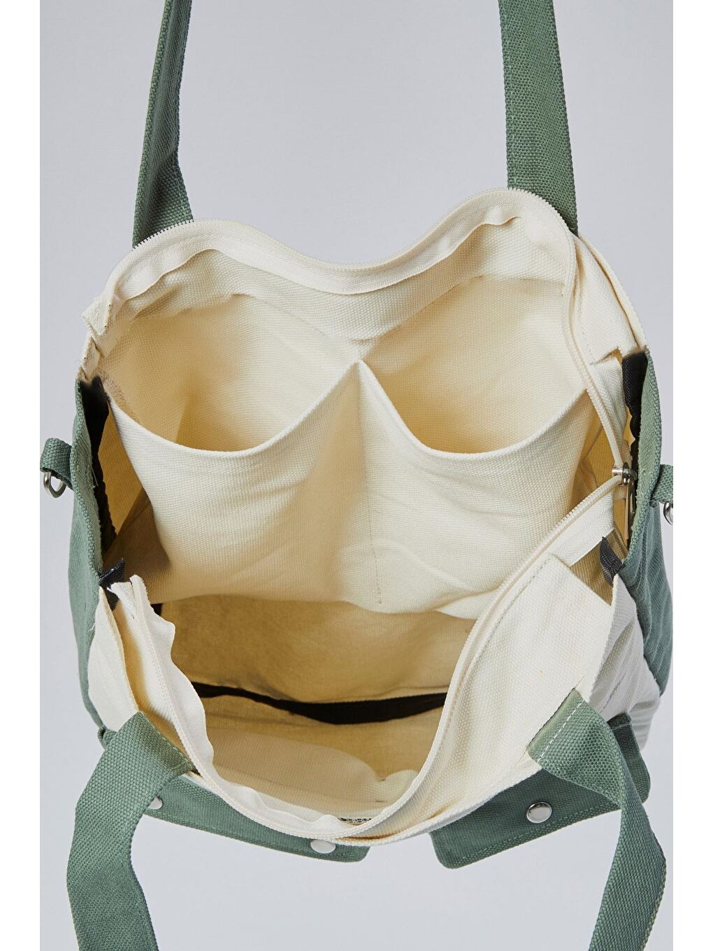 Kanvas Ön Cepleri Çıtlı Çanta (Mint Yeşili-Ekru)-4