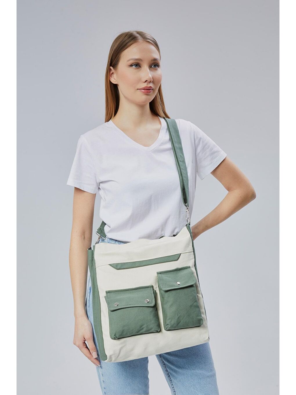 Kanvas Ön Cepleri Çıtlı Çanta (Mint Yeşili-Ekru)-6