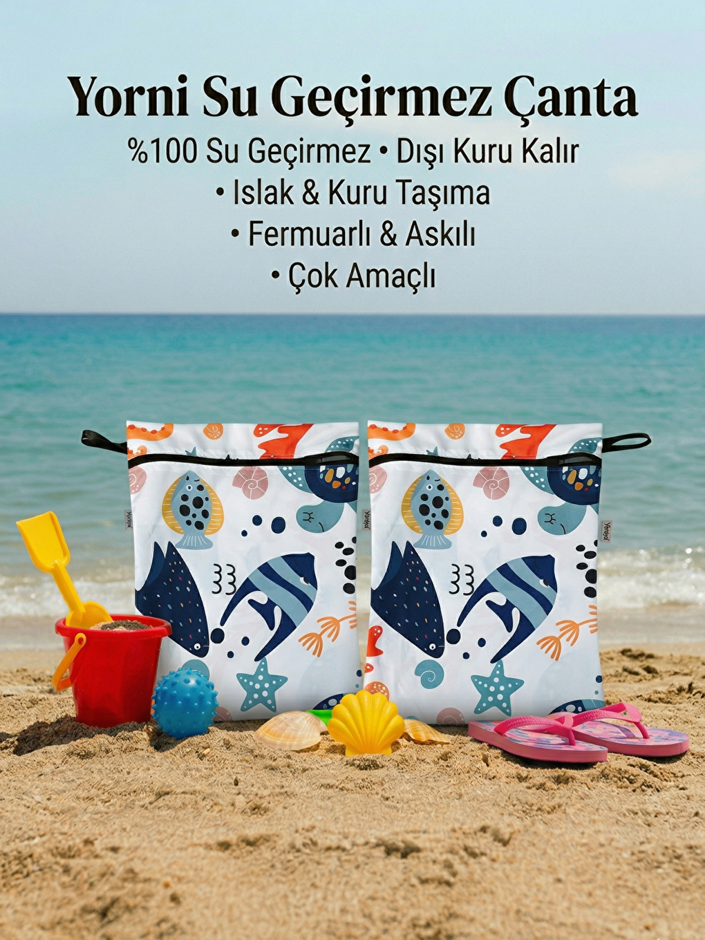 Gri 2 Adet, 35x30 cm, Ocean Desen, Sıvı Geçirmeyen Çok Amaçlı Çanta, Ekonomik Set, Makinede Yıkanabilir