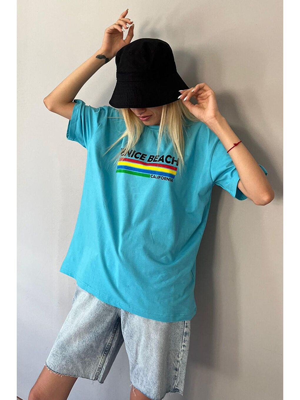 Turkuaz Baskılı Over Fit Tişört Mg1516-1