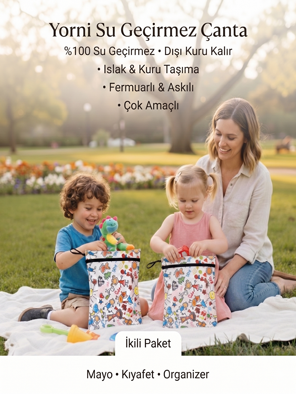 Beyaz 2 ADET 30x37cm Family, Su Geçirmez, Fermuarlı Islak Mayo, Kirli Bez Taşıma Çantası, Çok Amaçlı Torba