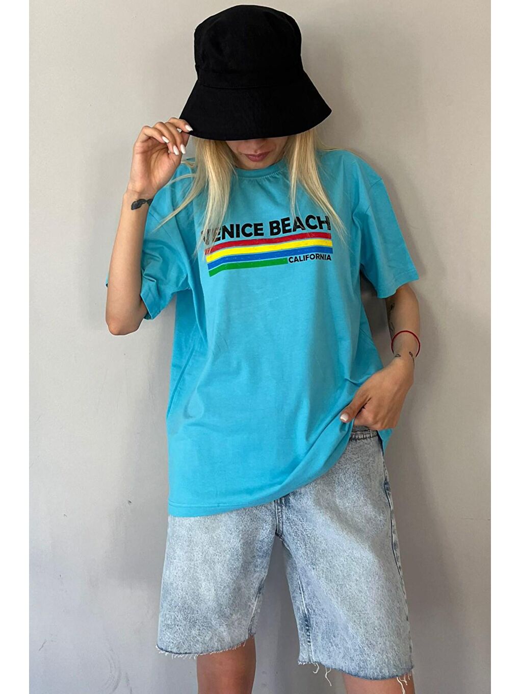 Turkuaz Baskılı Over Fit Tişört Mg1516-2