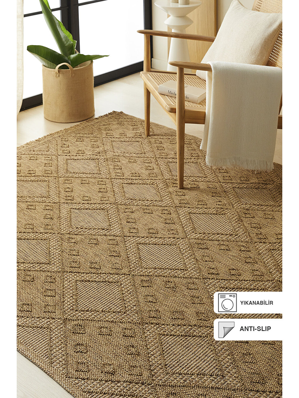 Bej Jüt Görünümlü Karo Desenli Halı Kilim 160x230 cm