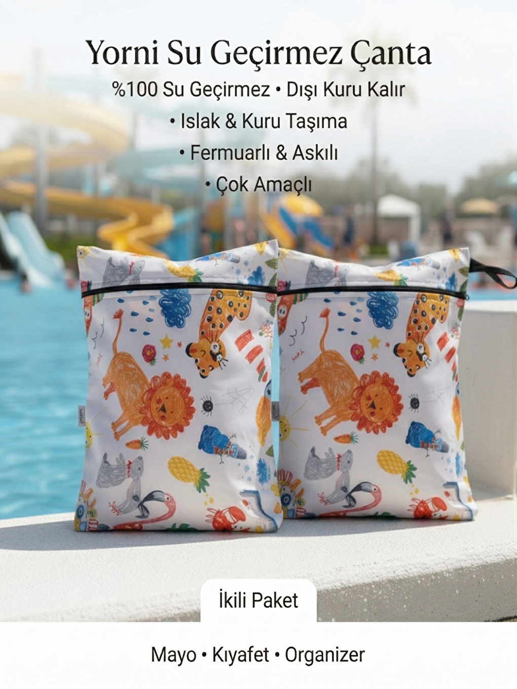 Gri 2 Adet, 35x30 cm, Jungle Desen Sıvı Geçirmeyen Çok Amaçlı Çanta, Makinede Yıkanabilir