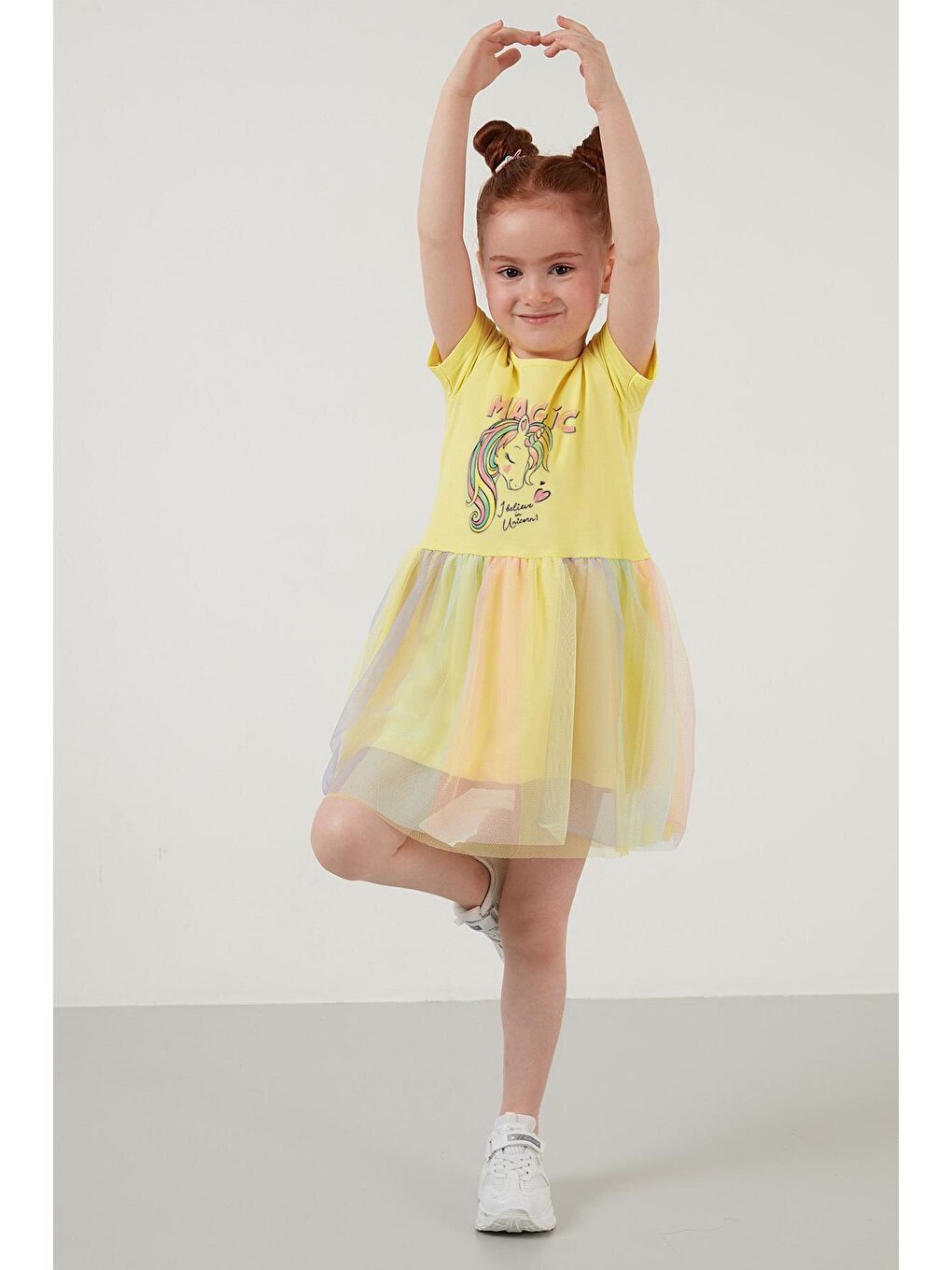 Sarı Pamuklu Baskılı Bisiklet Yaka Tül Etekli Elbise 6211042-1