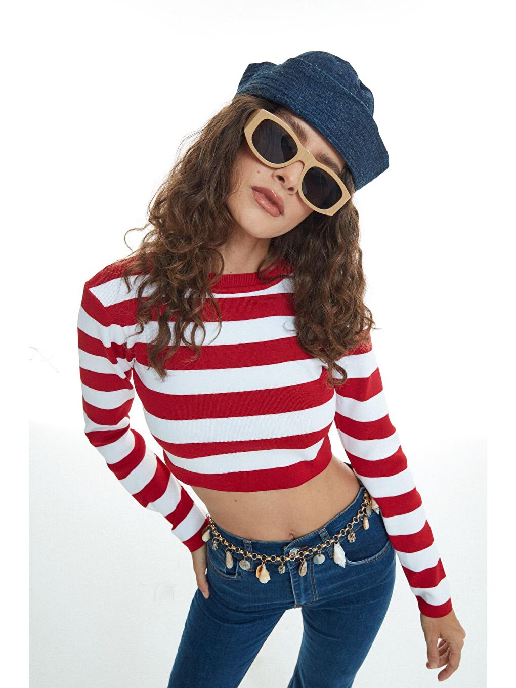 Çizgili Crop Triko Kırmızı