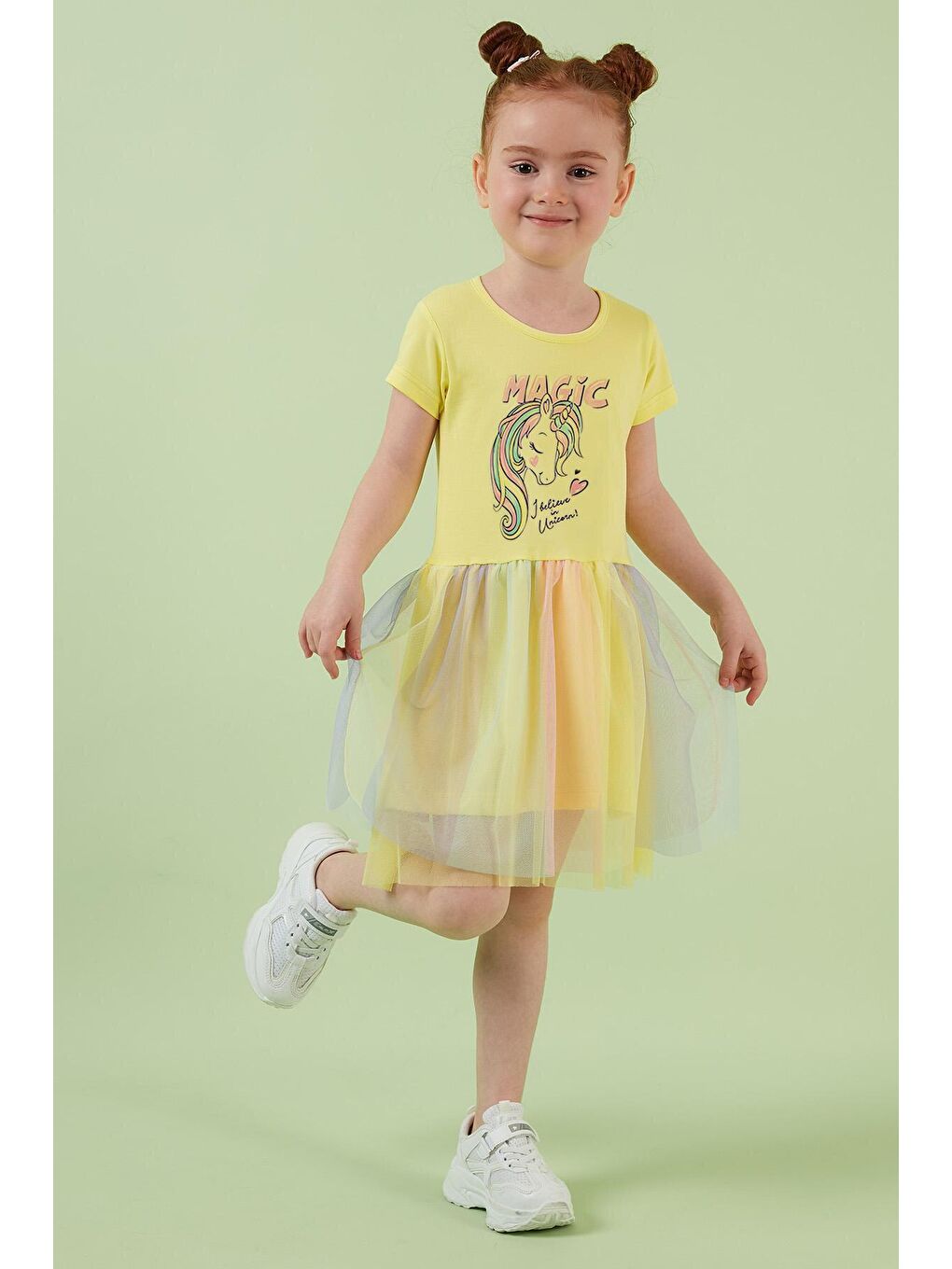 Sarı Pamuklu Baskılı Bisiklet Yaka Tül Etekli Elbise 6211042-2