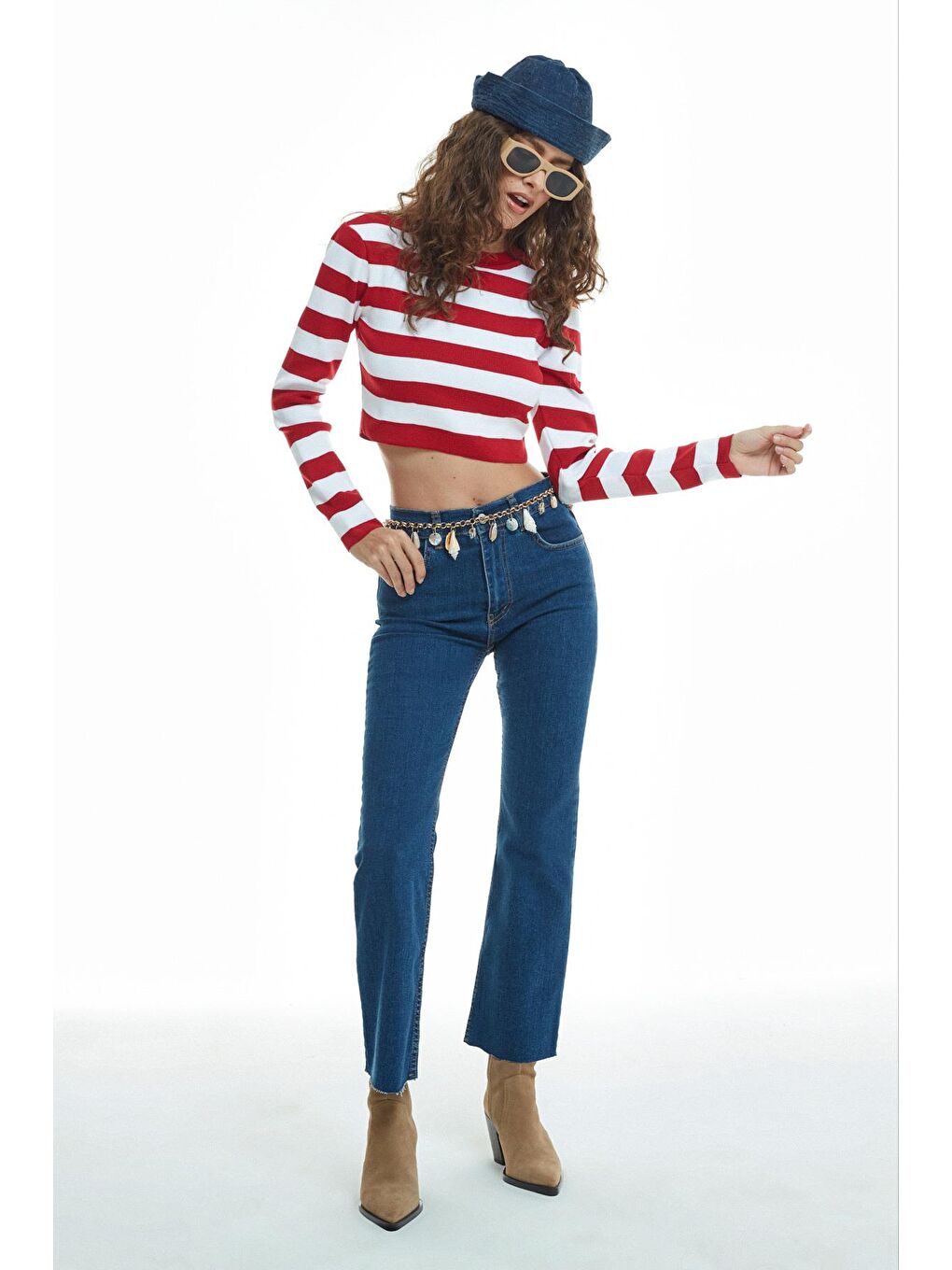 Çizgili Crop Triko Kırmızı-2