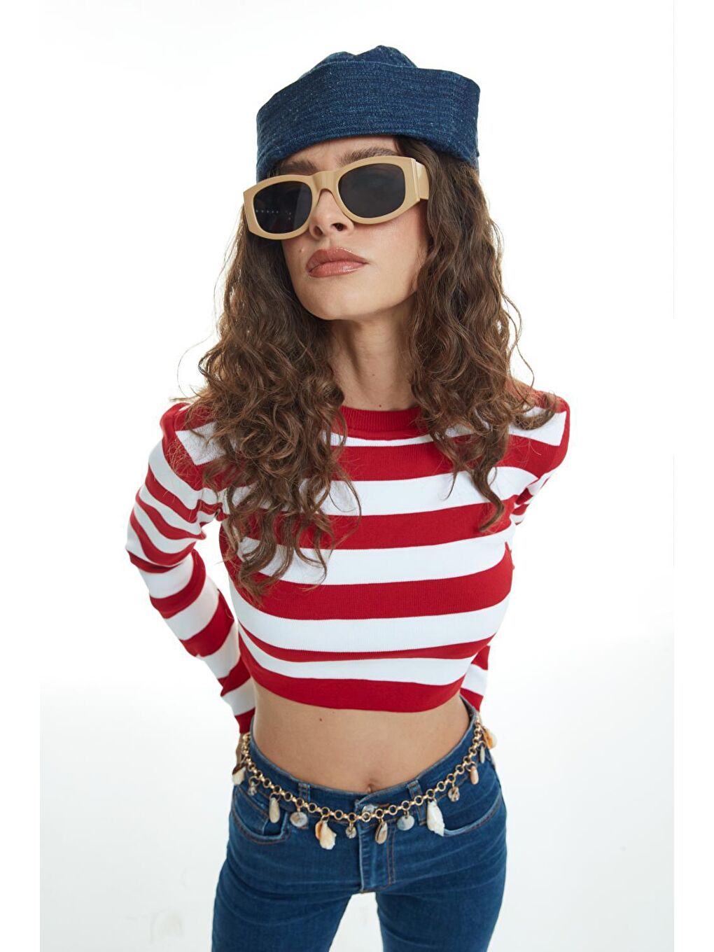 Çizgili Crop Triko Kırmızı-3