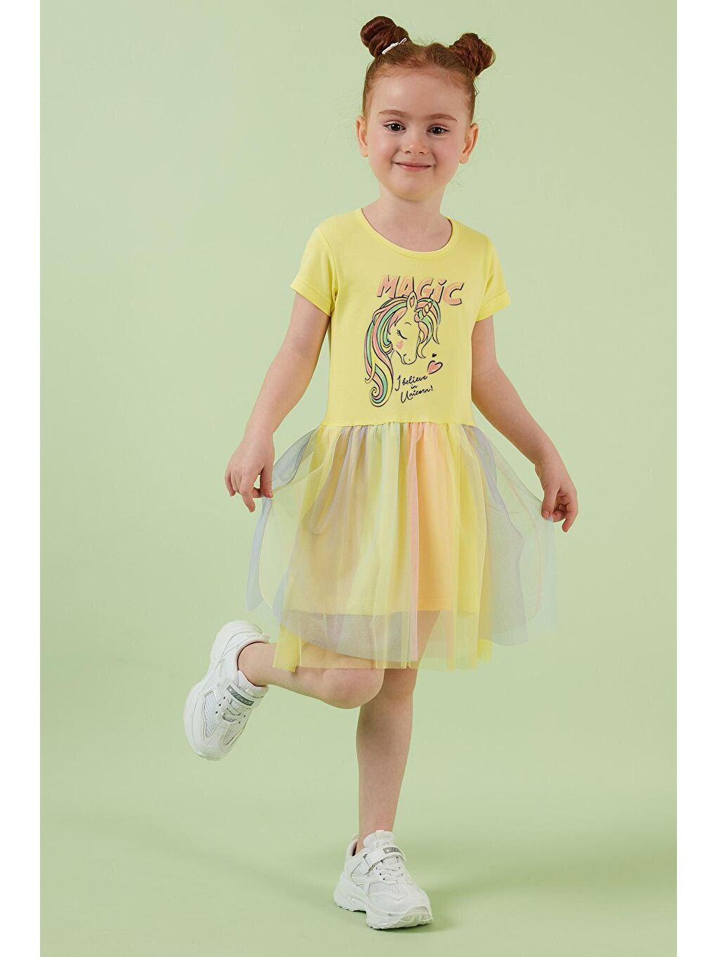 Sarı Pamuklu Baskılı Bisiklet Yaka Tül Etekli Elbise 6211042-3