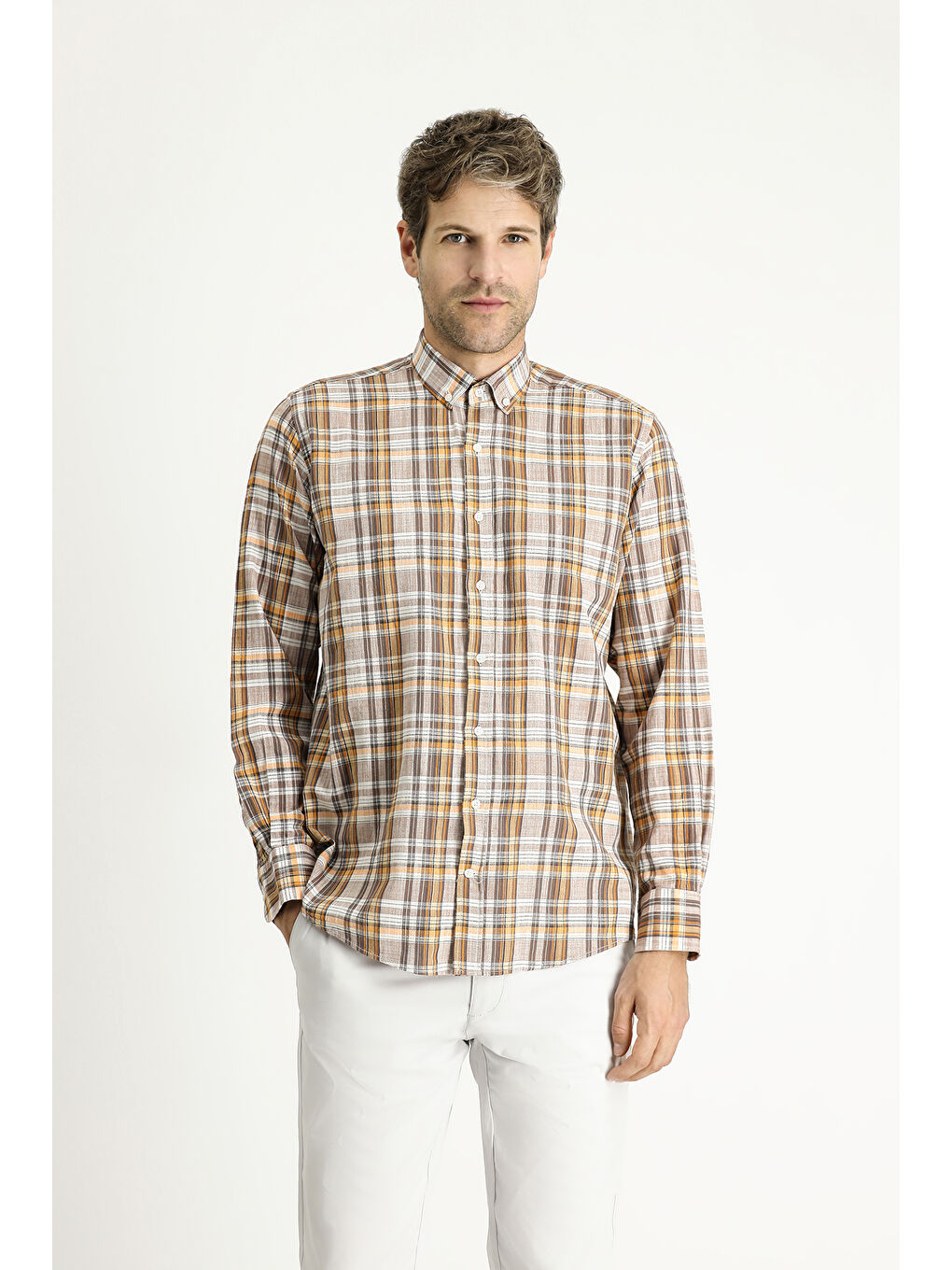 Kahverengi Uzun Kol Regular Fit Ekose Spor Pamuk %100 Pamuk Gömlek-2