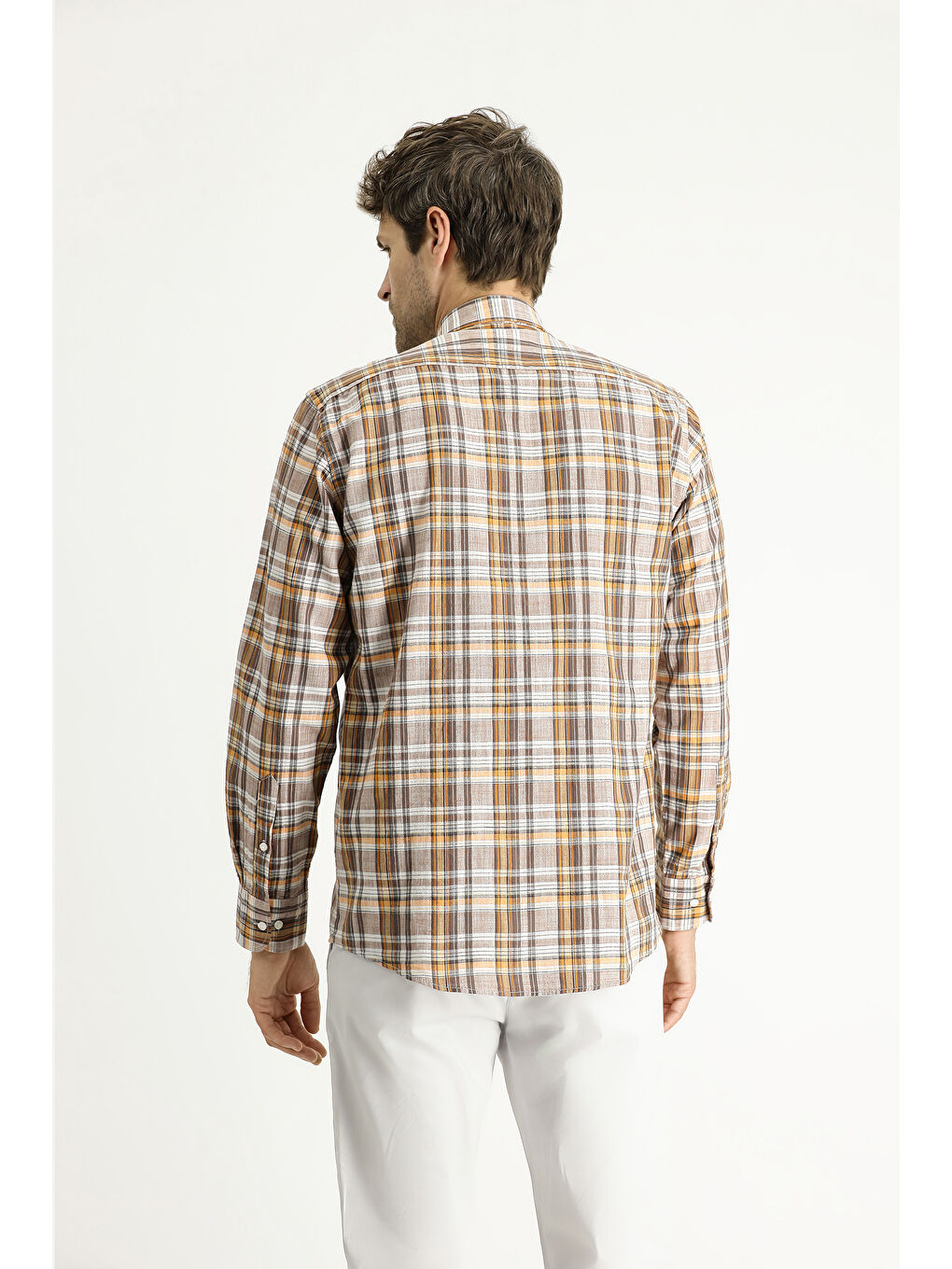 Kahverengi Uzun Kol Regular Fit Ekose Spor Pamuk %100 Pamuk Gömlek-3