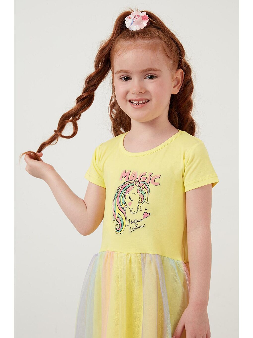 Sarı Pamuklu Baskılı Bisiklet Yaka Tül Etekli Elbise 6211042-4