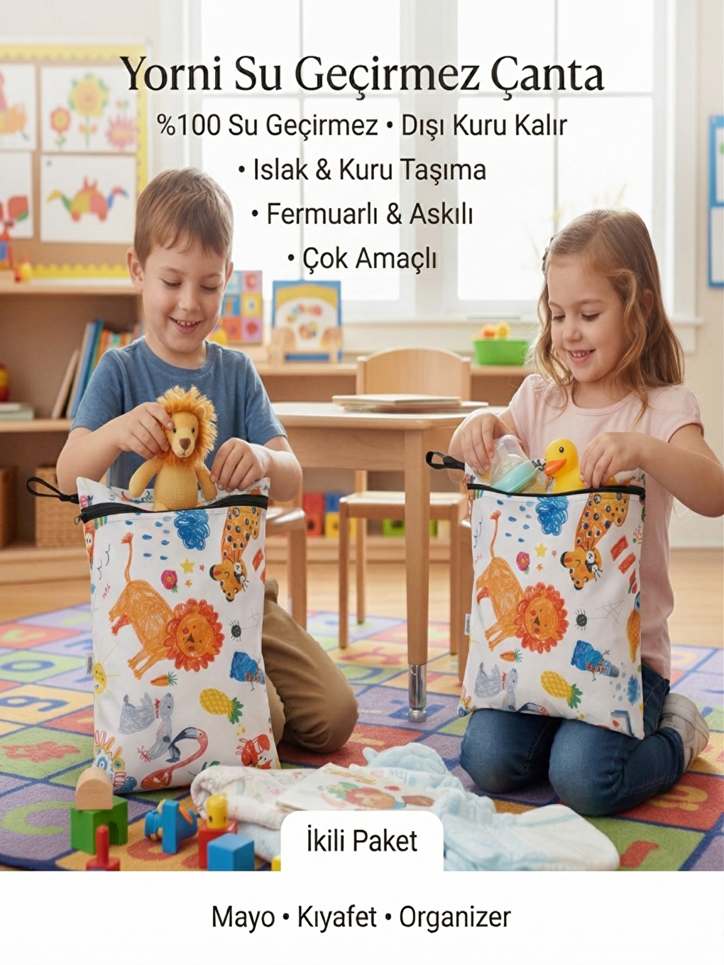 Gri 2 Adet, 35x30 cm, Jungle Desen Sıvı Geçirmeyen Çok Amaçlı Çanta, Makinede Yıkanabilir-5