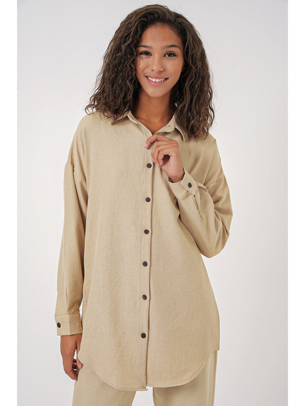Kadın Bej Oversize Keten Alt Üst Takım 6622-1