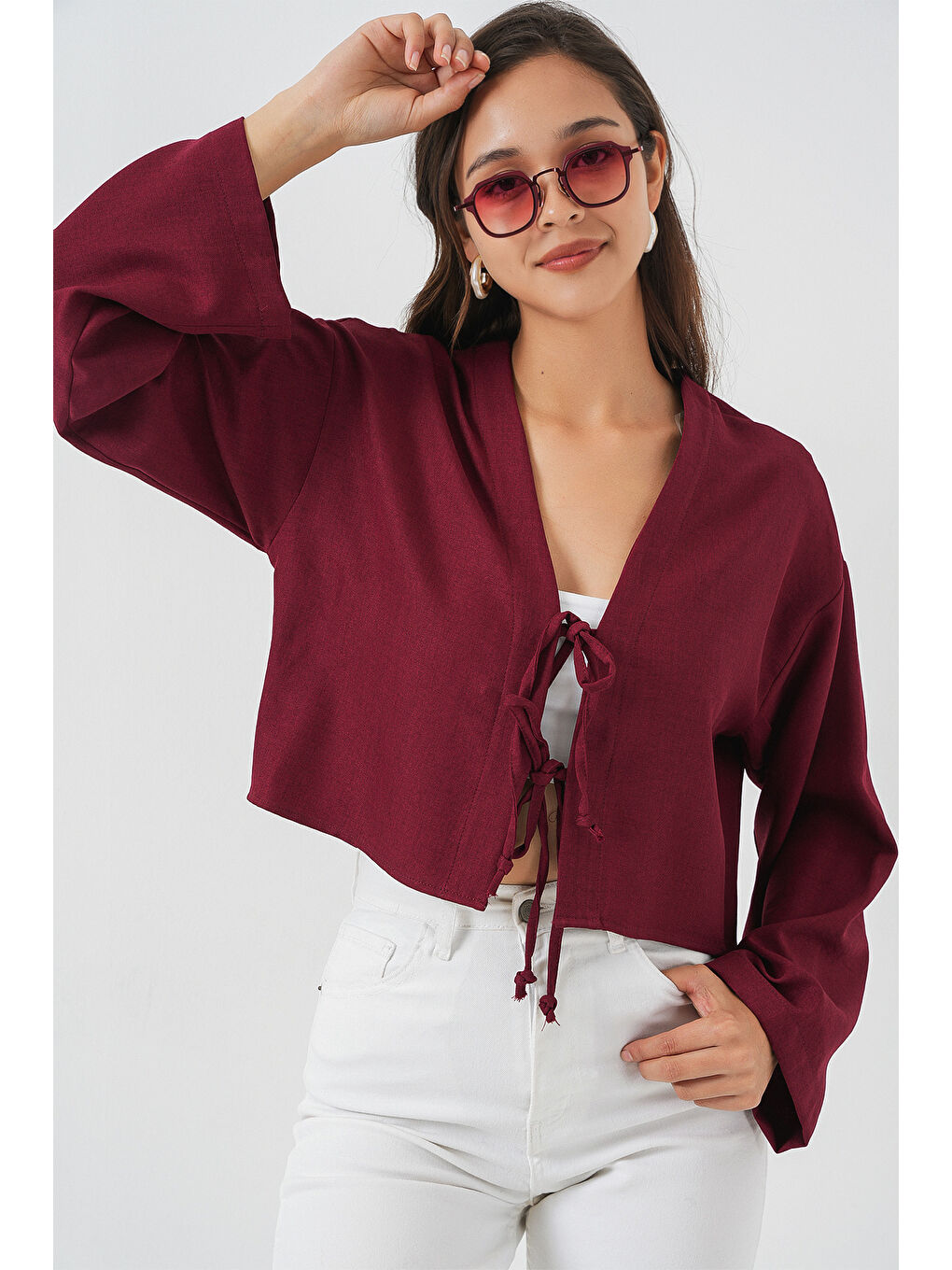 Önü Bağlamalı Keten Kimono 960 - Bordo-2
