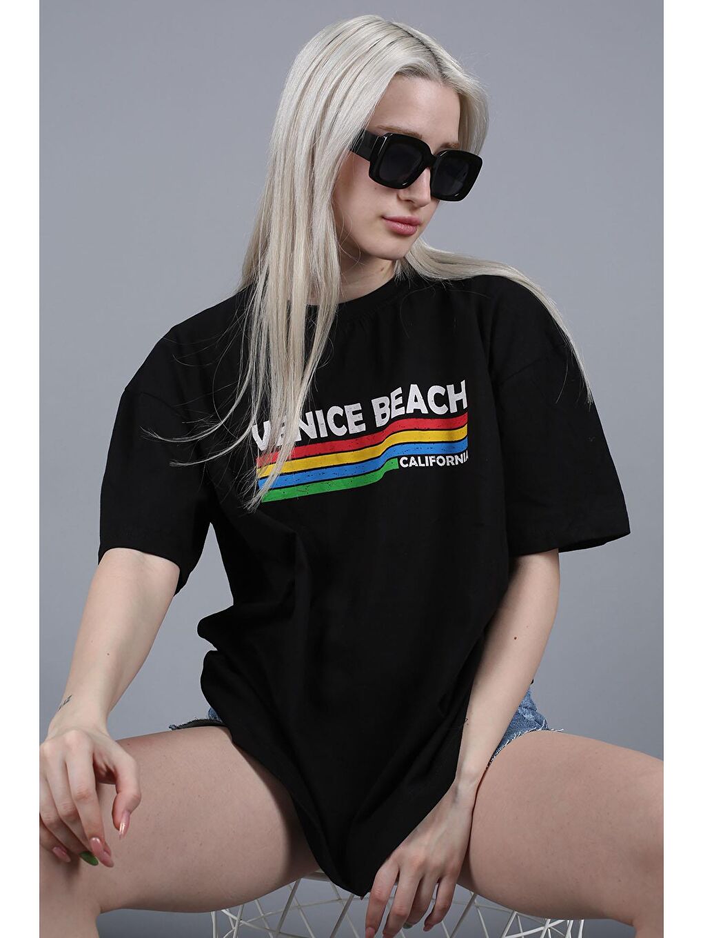 Siyah Baskılı Over Fit Tişört Mg1516-1