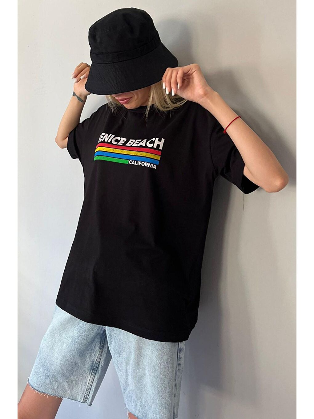 Siyah Baskılı Over Fit Tişört Mg1516-2