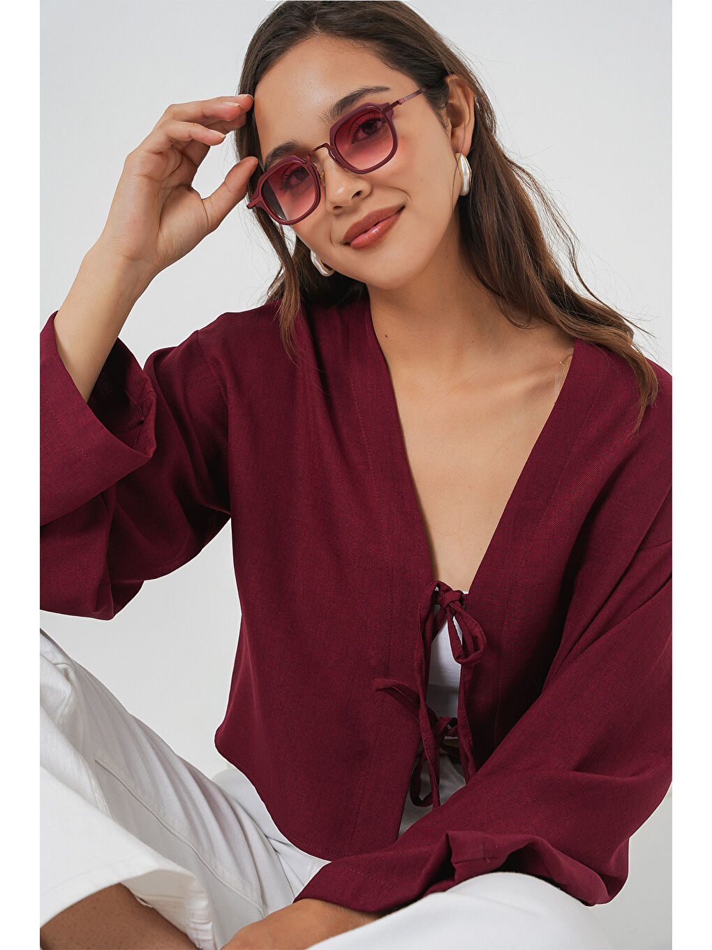 Önü Bağlamalı Keten Kimono 960 - Bordo-3