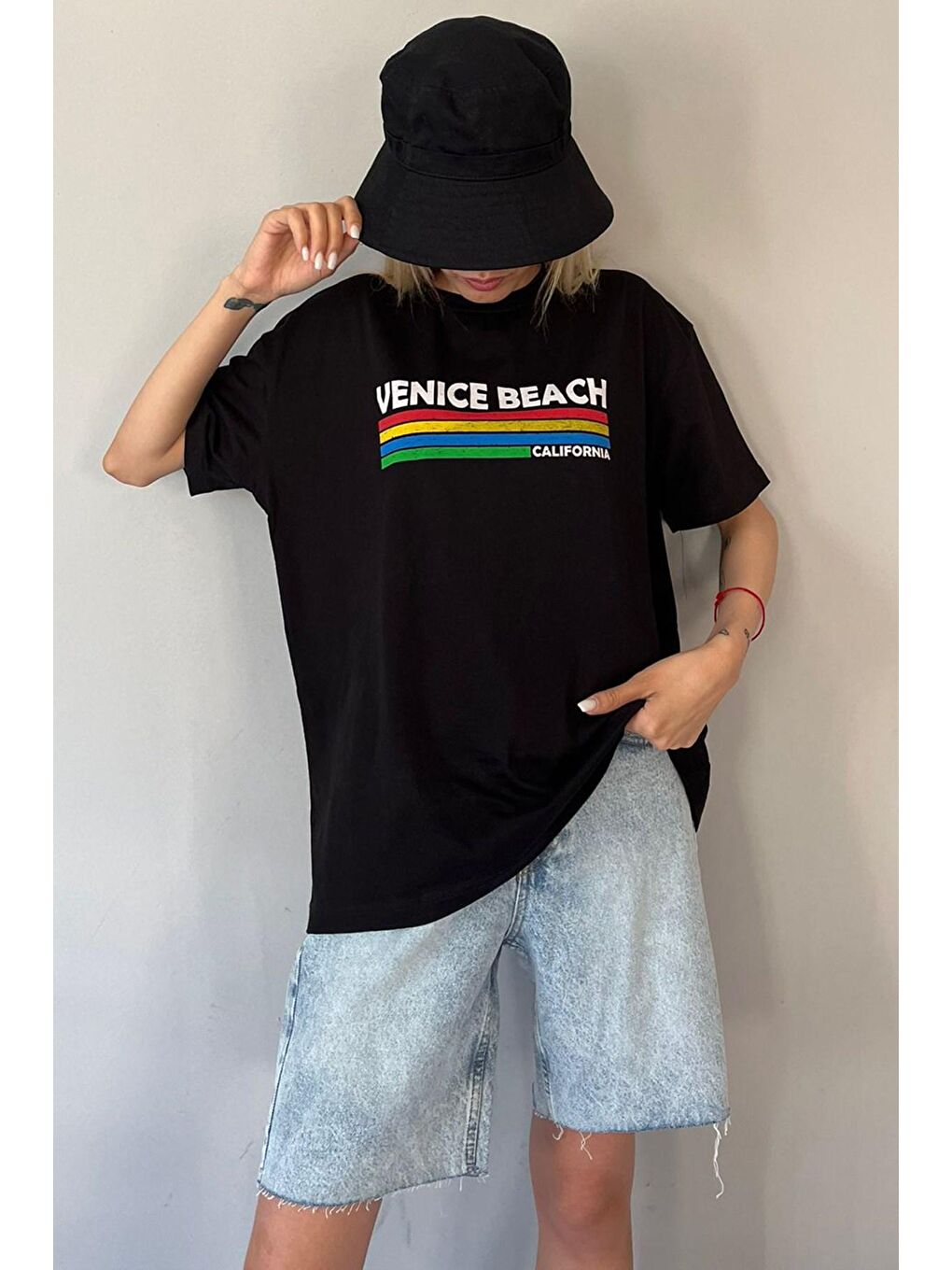 Siyah Baskılı Over Fit Tişört Mg1516-3